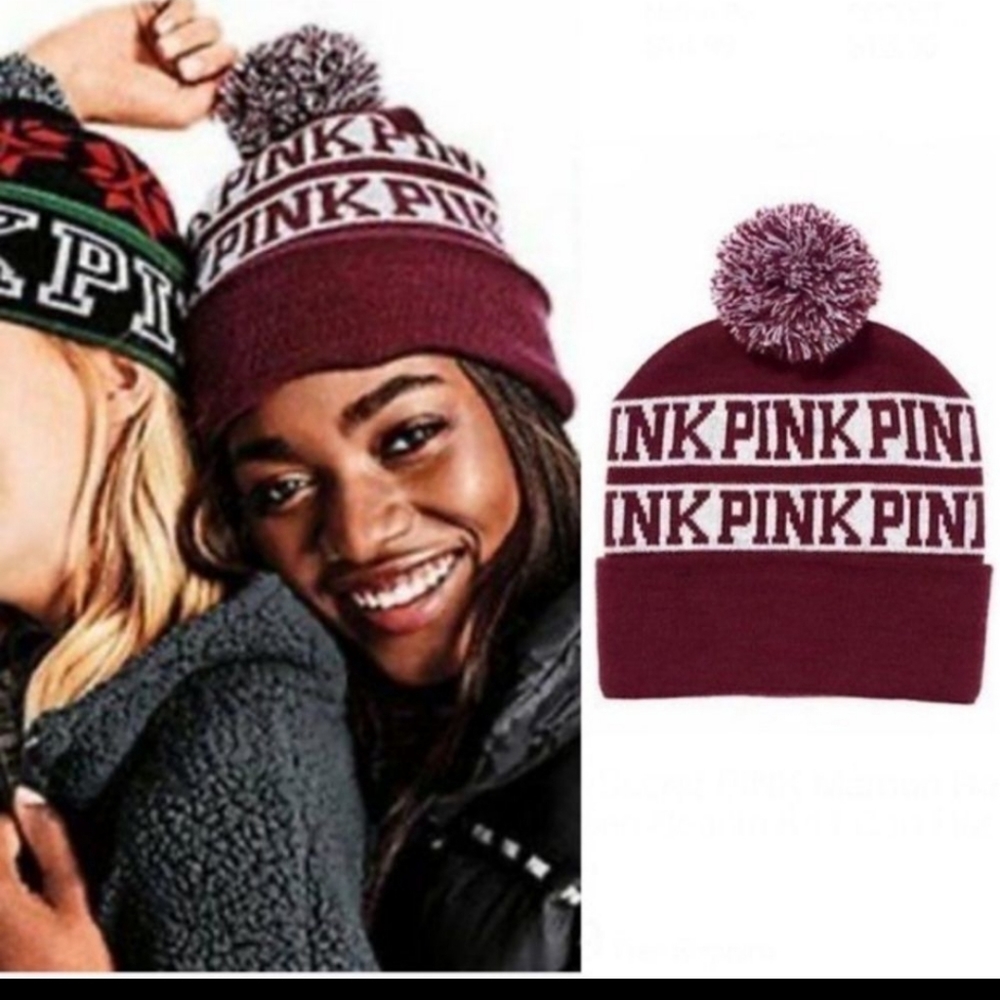 NEW Victoria’s Secret PINK burgundy pom pom beanie - Picture 4 of 4